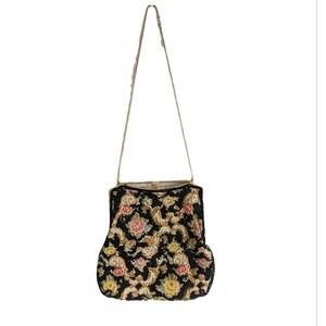 Vintage 60s Antique Romantic Floral Embellished Beaded Kiss-lock Shoulder Bag
